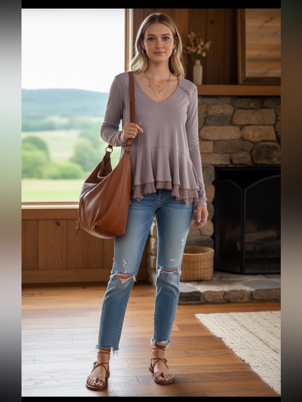 We The Free Tangerine Tee Dusty Mauve V‑Neck Ruffle Hem Tunic